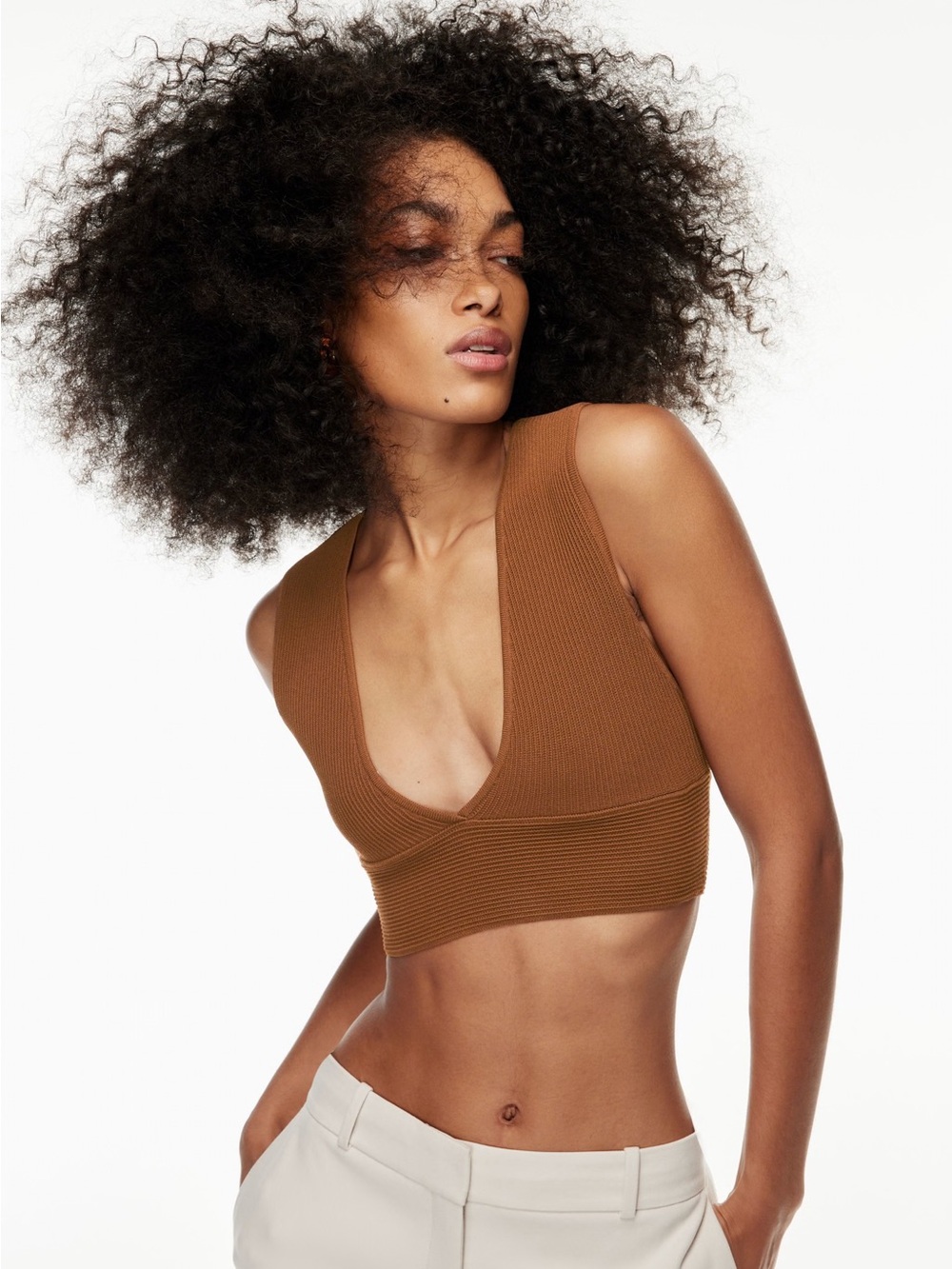 NWOT Aritzia Babaton Ribbed Deep V-Neck Cropped Tank in Camel Brown